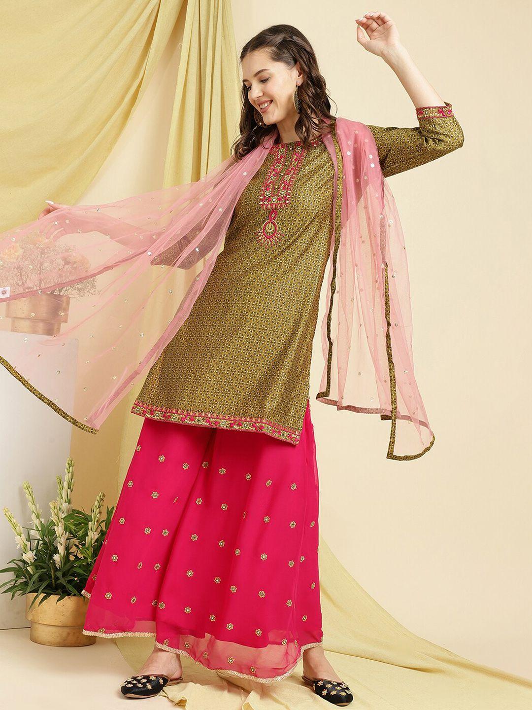 be indi ethnic motifs printed beads & stones straight kurti & sharara with dupatta