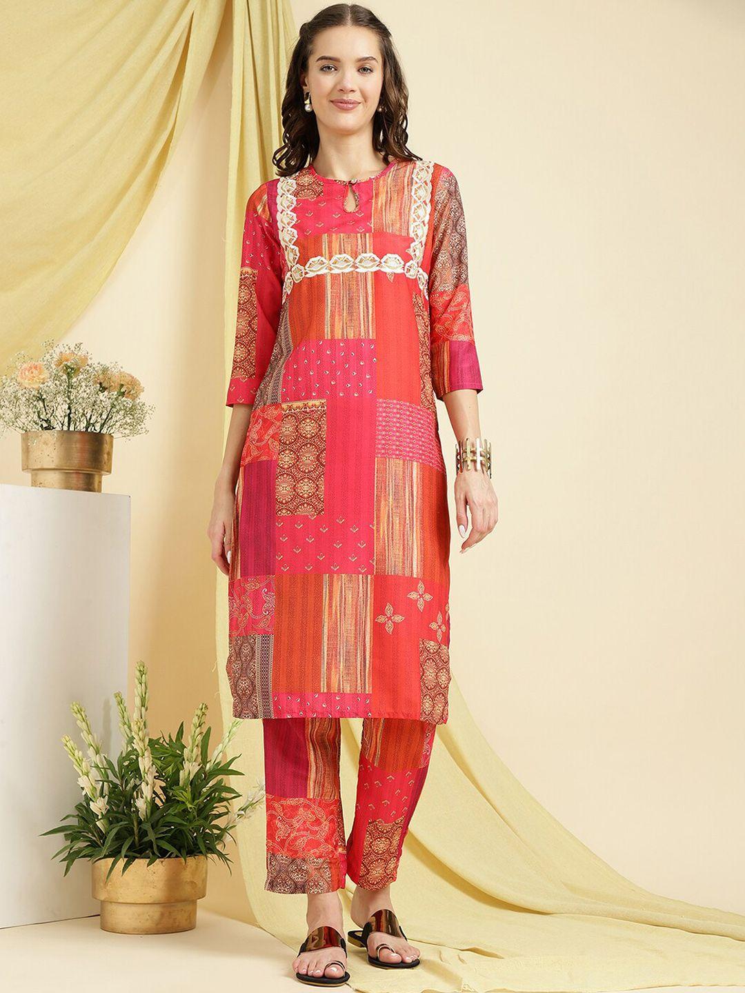 be indi ethnic motifs printed keyhole neck thread work straight kurta with trousers