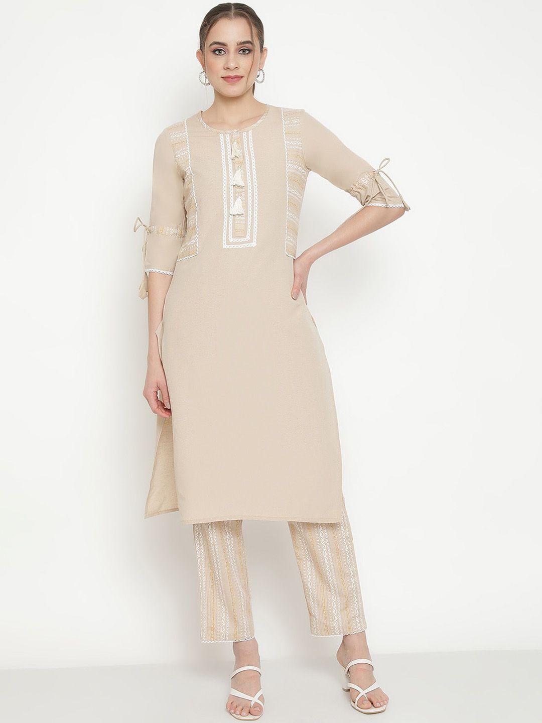 be indi ethnic motifs printed lace work straight kurta with trousers