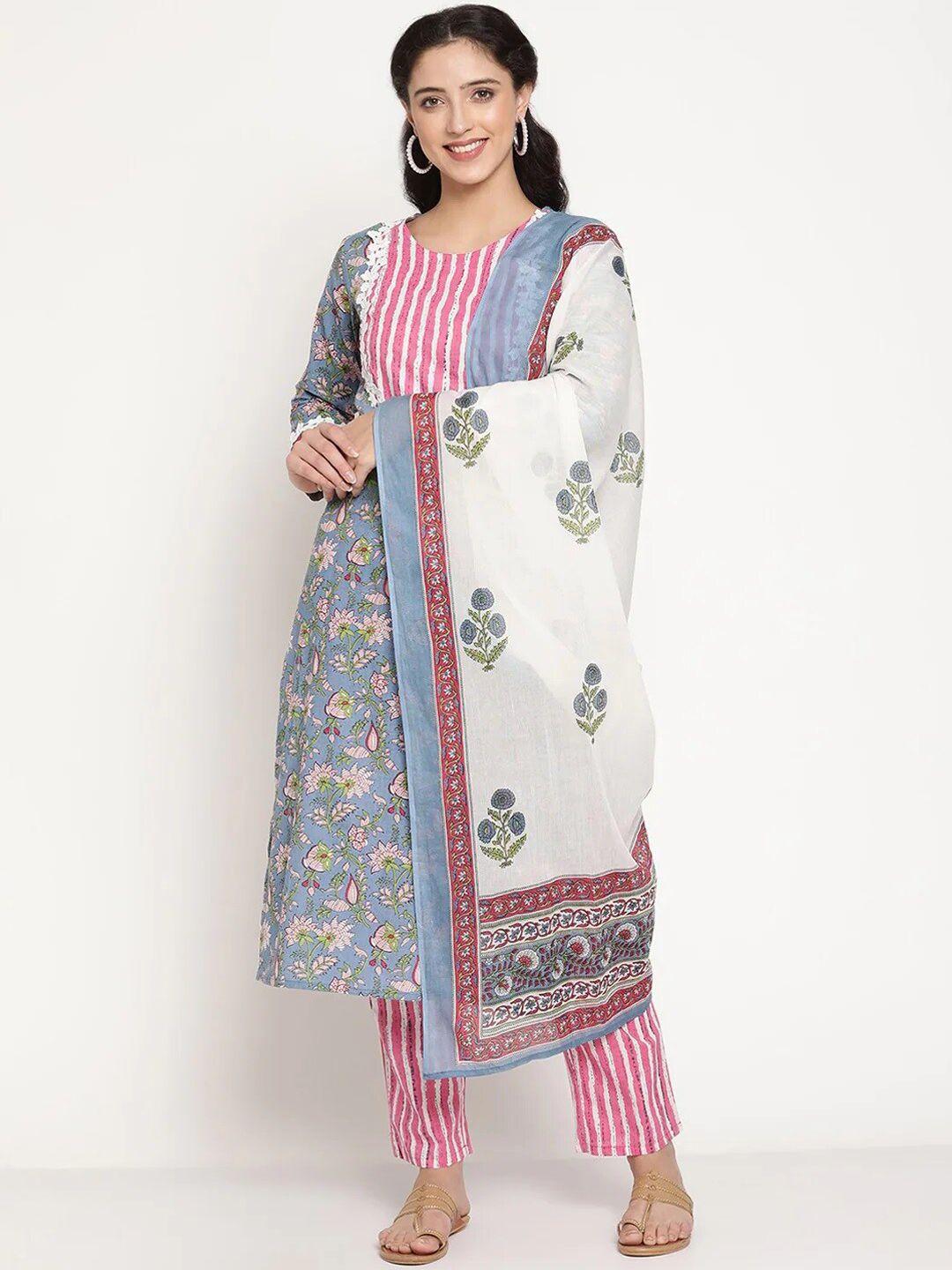 be indi ethnic motifs printed pure cotton kurta with  trousers & dupatta