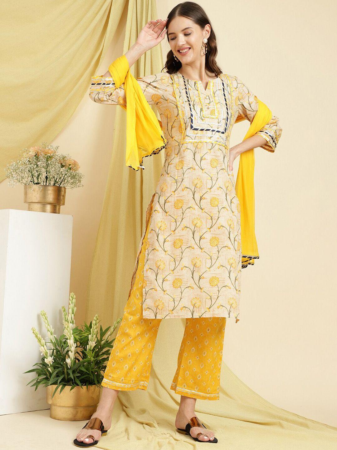 be indi ethnic motifs printed pure cotton kurta with trousers & dupatta