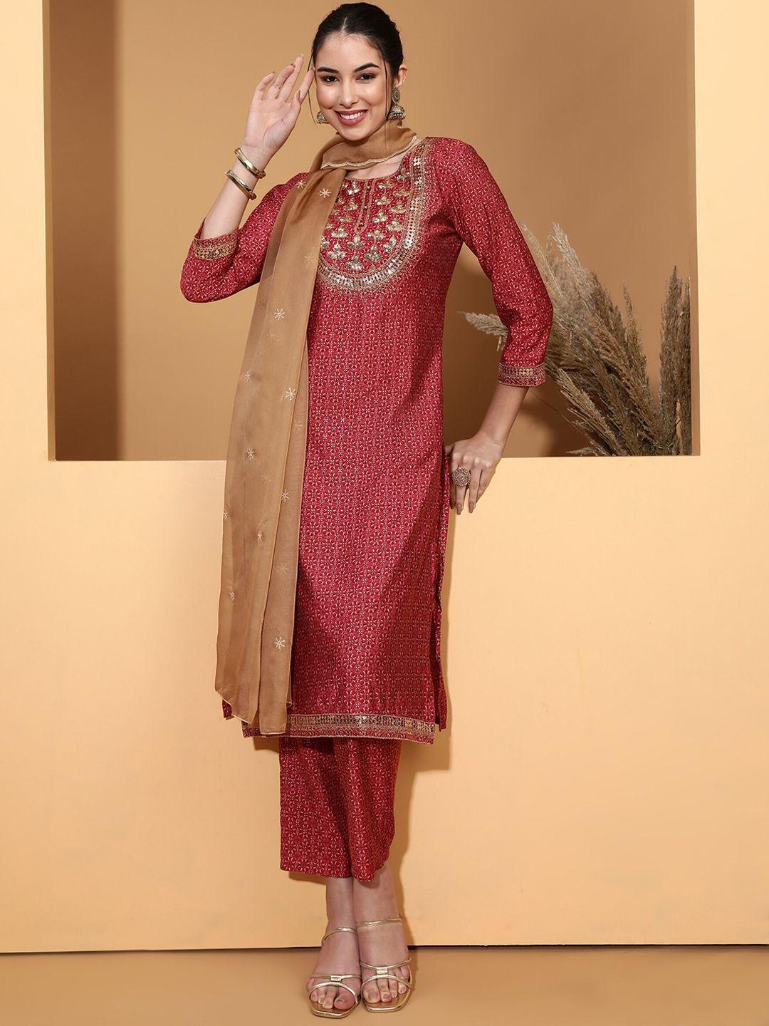 be indi ethnic motifs printed sequinned kurta with trousers & dupatta