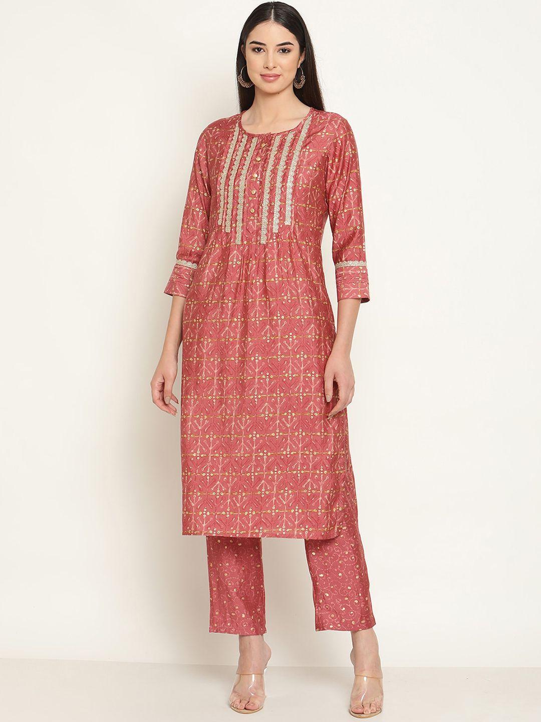 be indi ethnic motifs printed thread work kurta with trousers