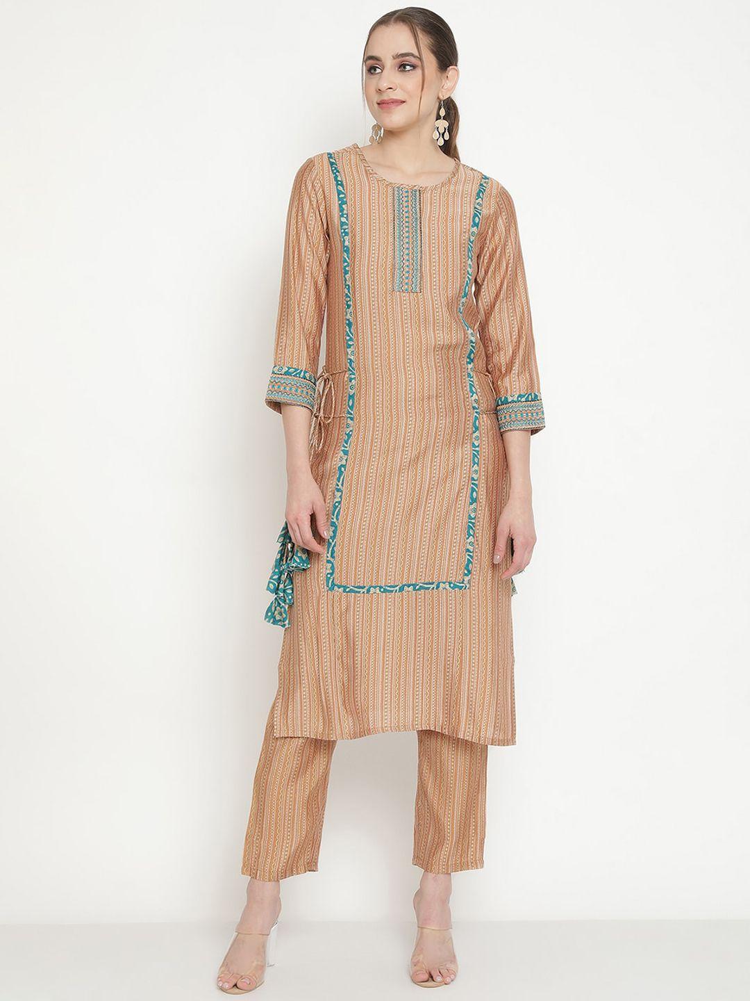 be indi ethnic motifs printed thread work straight kurta with trousers