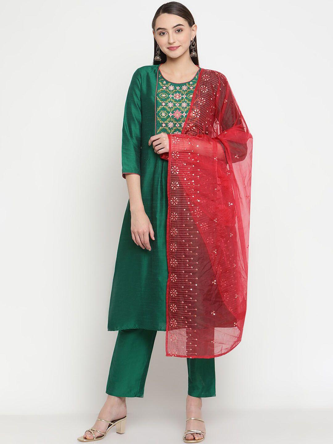 be indi floral embroidered dupion silk a-line kurta with trousers & dupatta