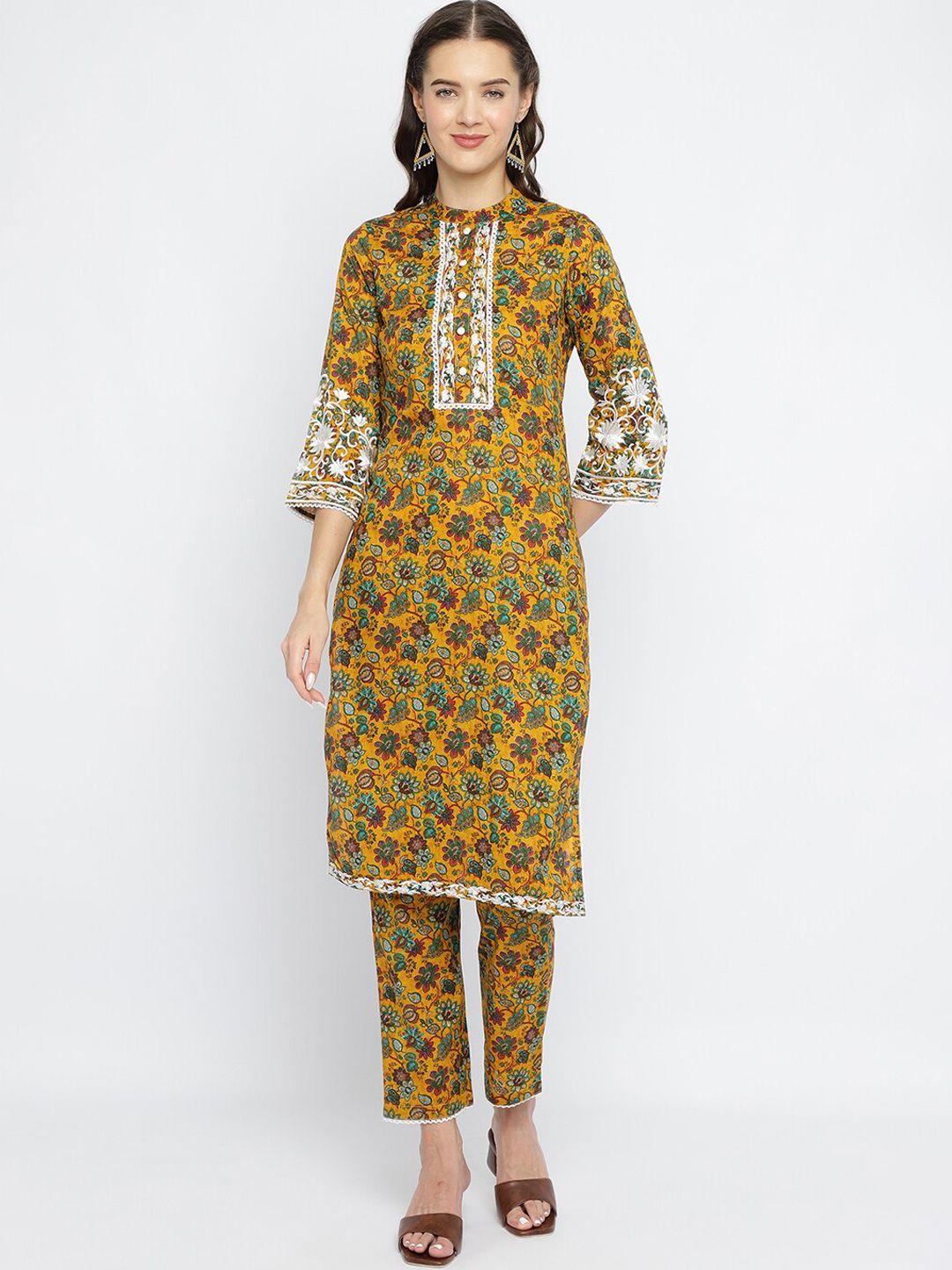 be indi floral printed band collar thread work detailed straight kurta with trousers