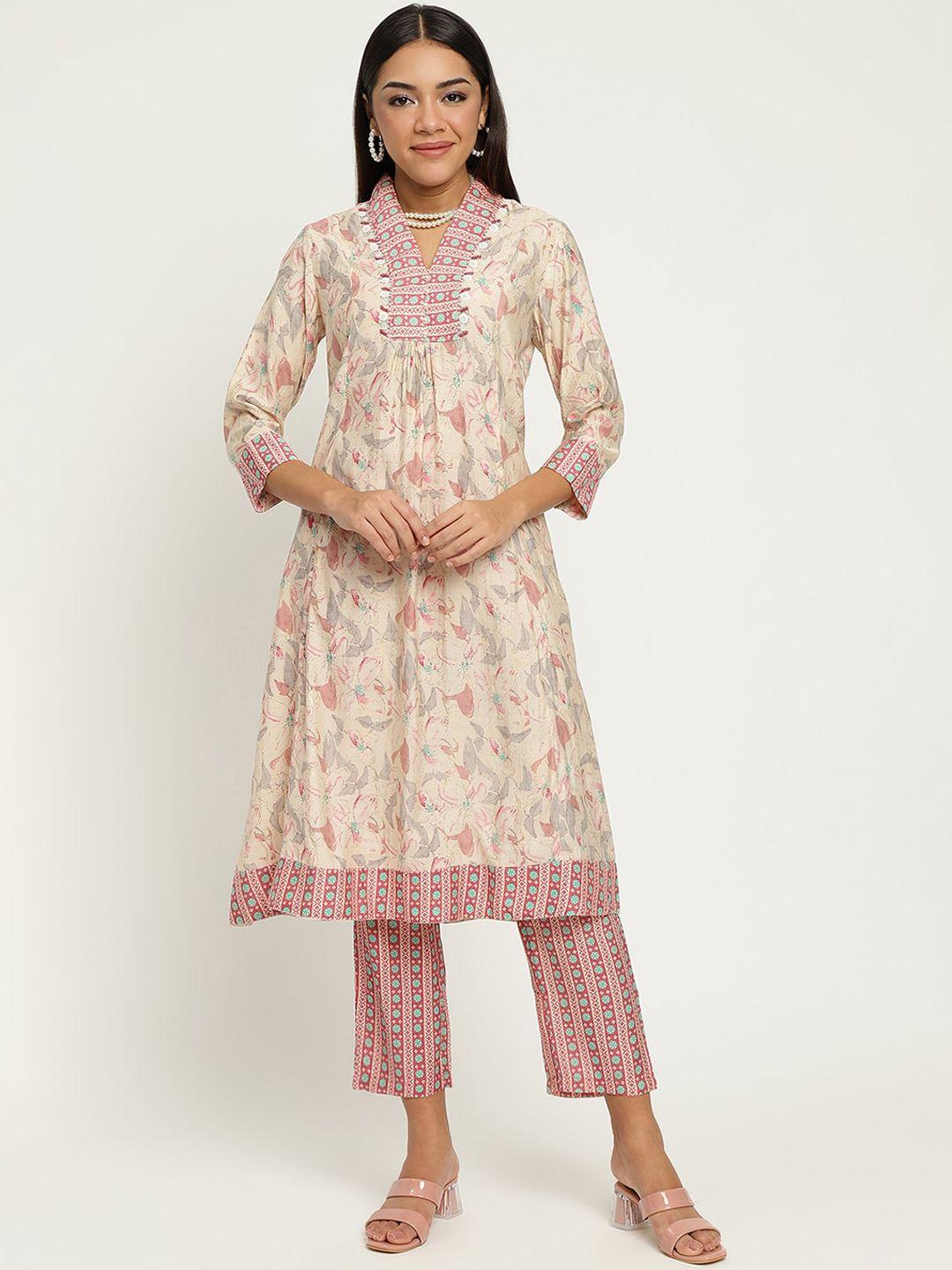 be indi floral printed beads & stones detailed a-line kurta with trousers