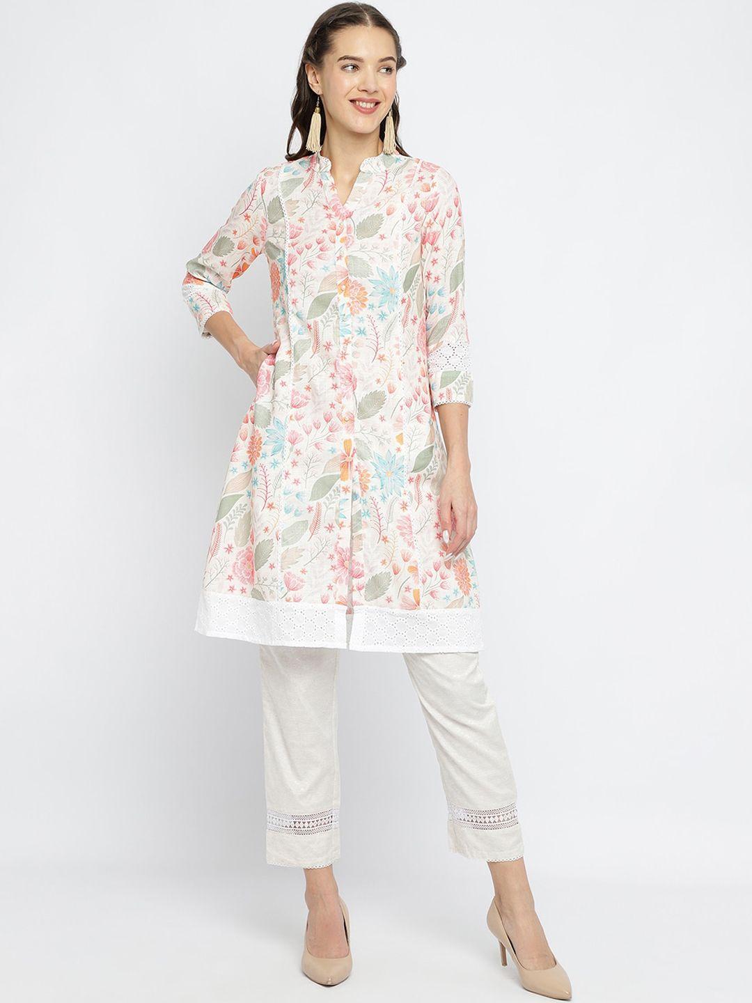 be indi floral printed schiffli mandarin collar pathani kurta