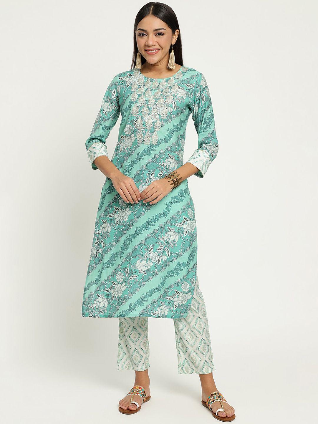 be indi floral printed thread work detailed straight kurta with trousers
