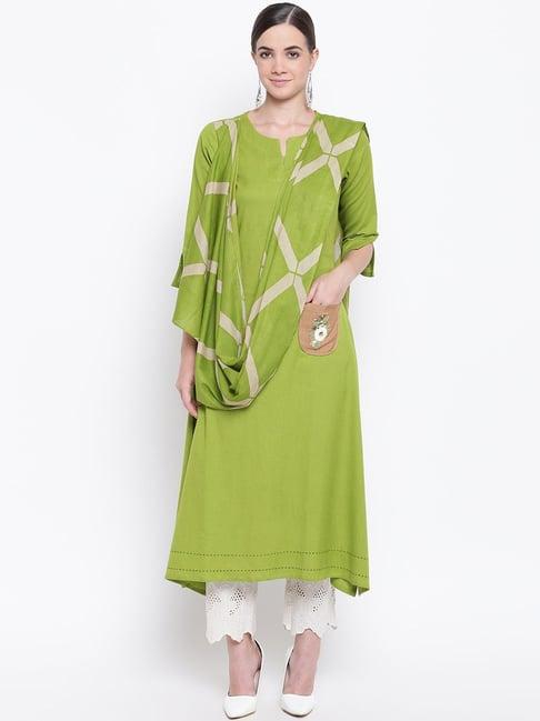 be indi green cotton a line kurta with dupatta