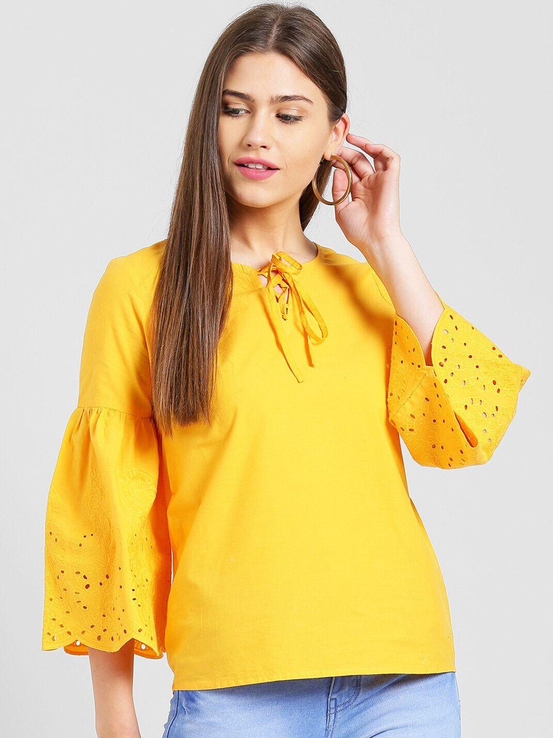 be indi mustard yellow tie-up neck top