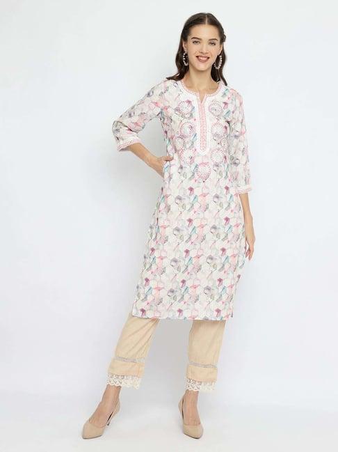 be indi off-white linen embroidered straight kurta