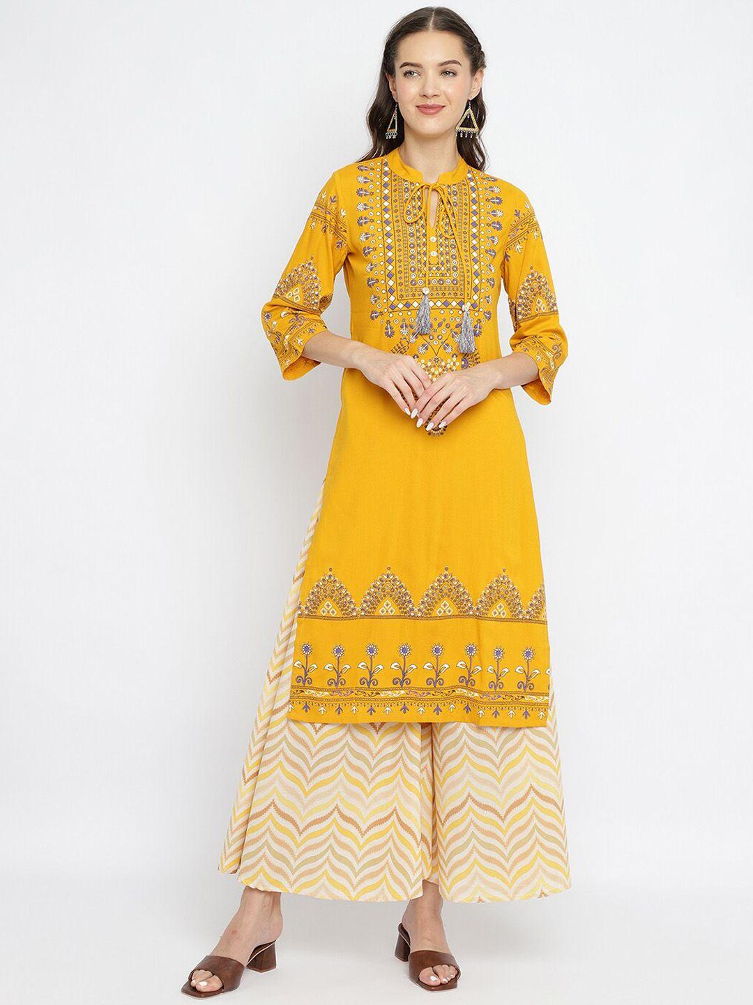 be indi printed regular beads and stones kurta with trousers