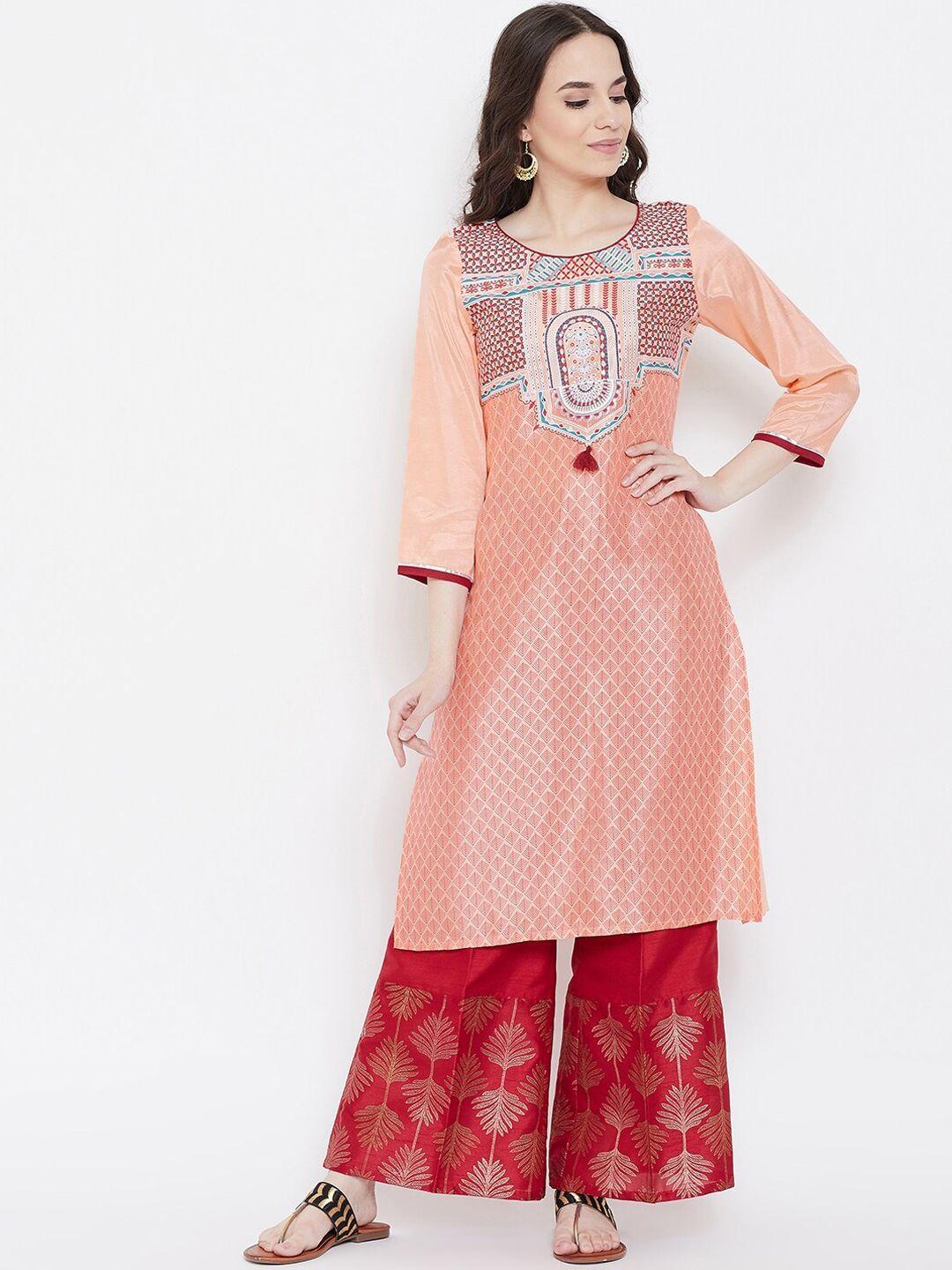 be indi printed thread work round neck kurta