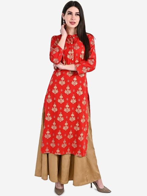 be indi red floral print straight kurta