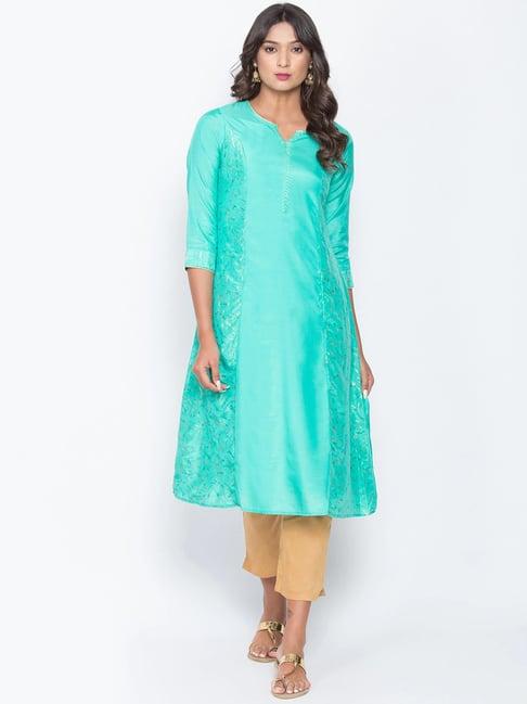 be indi turquoise cotton printed a line kurta