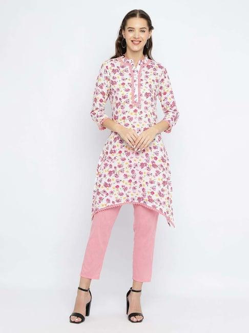 be indi white & pink cotton embroidered straight kurta