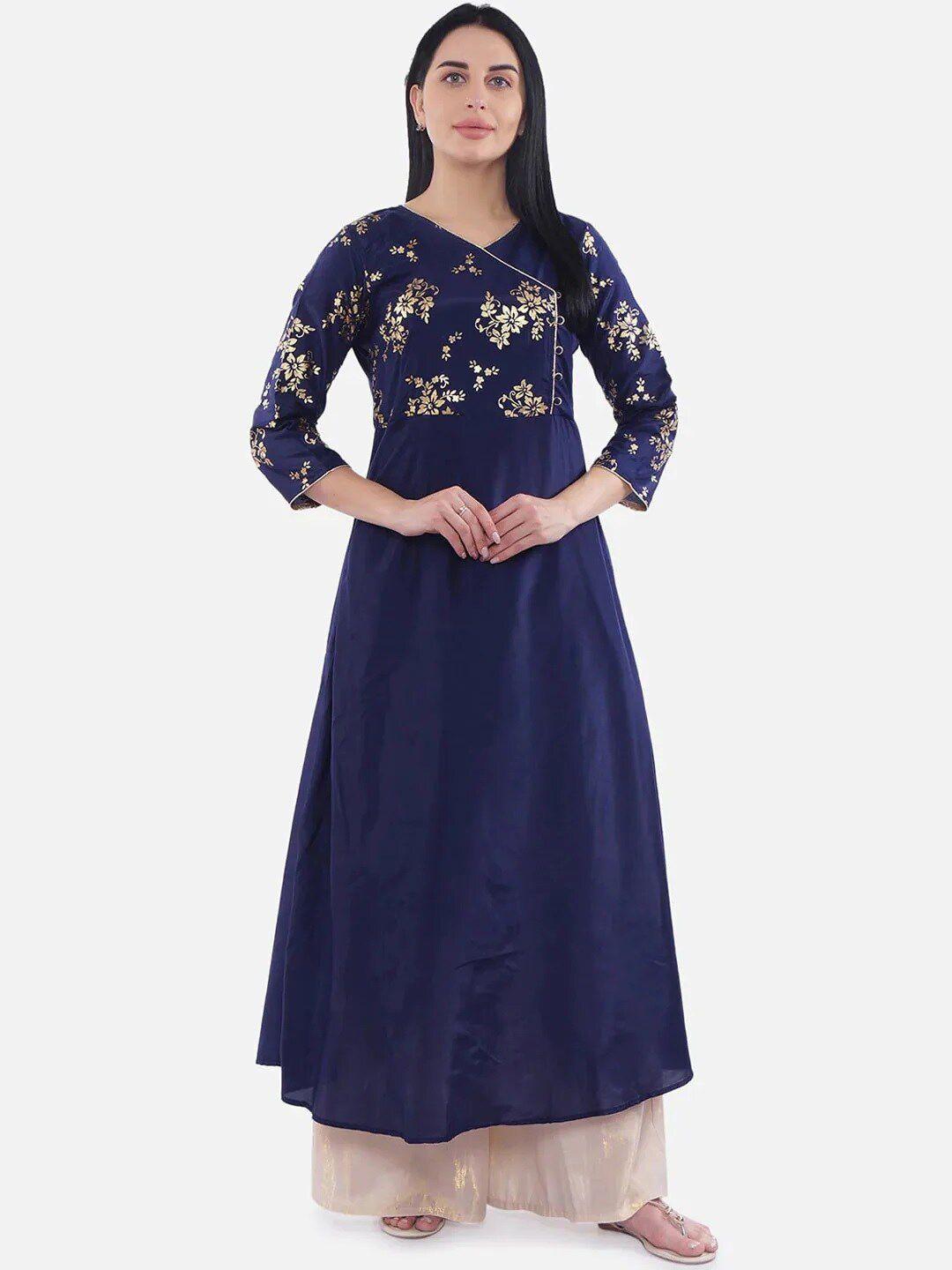 be indi woman navy blue floral printed kurta