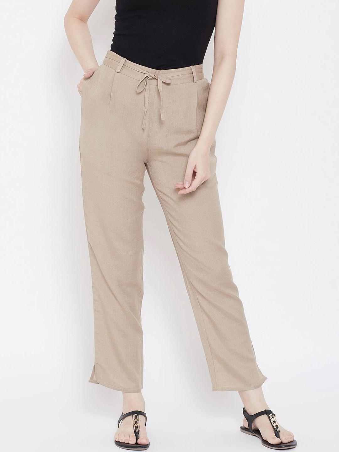 be indi women beige straight fit pleated cotton trousers