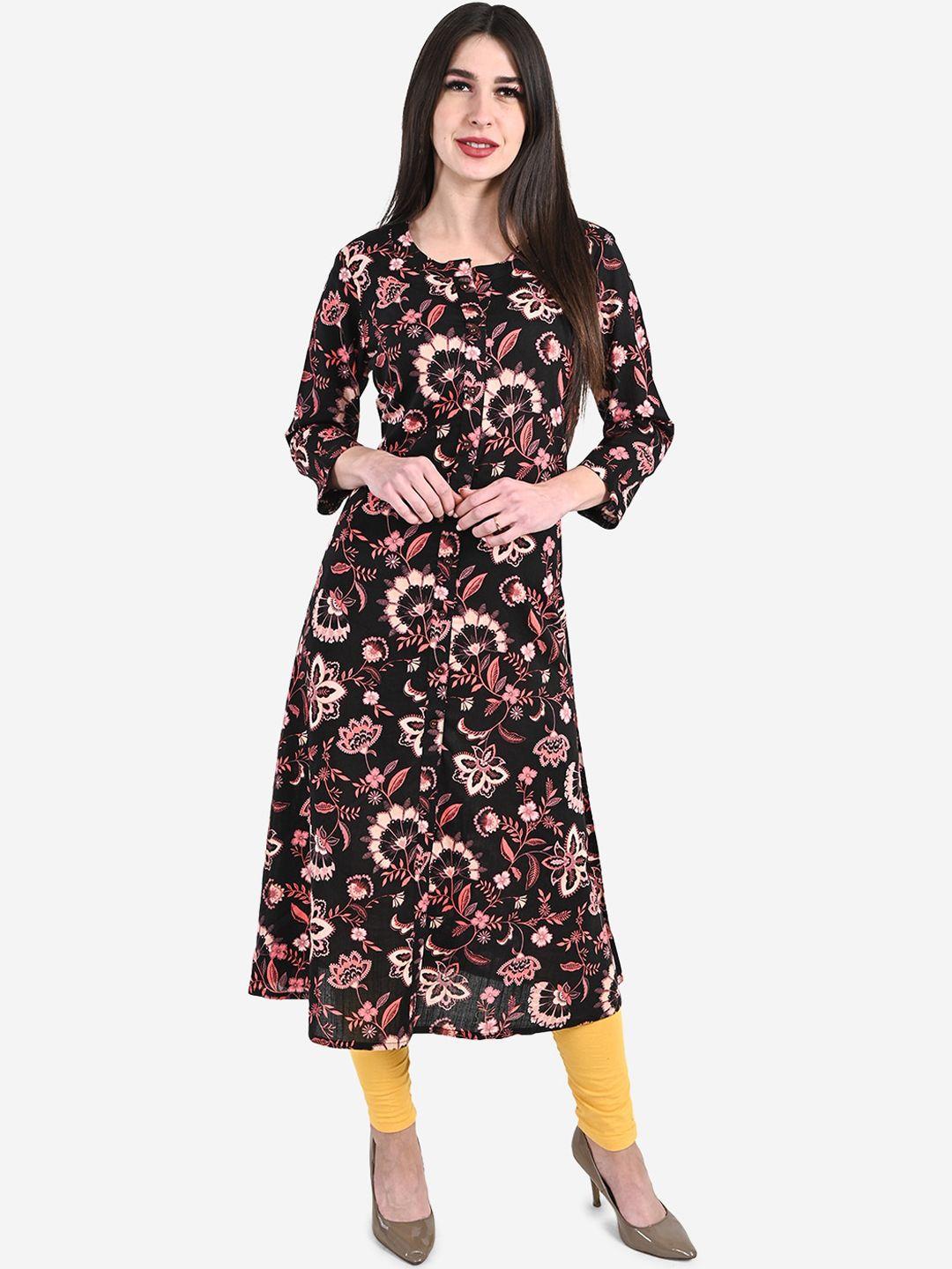 be indi women black & pink floral printed kurta