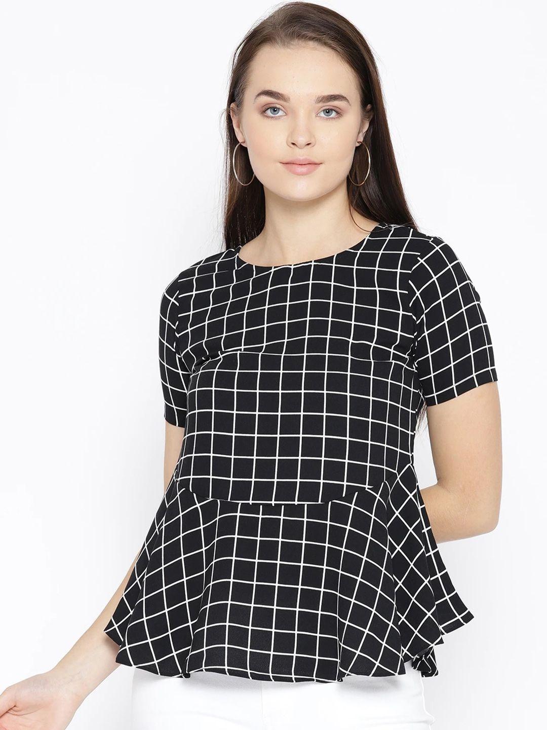 be indi women black & white checked crepe peplum top