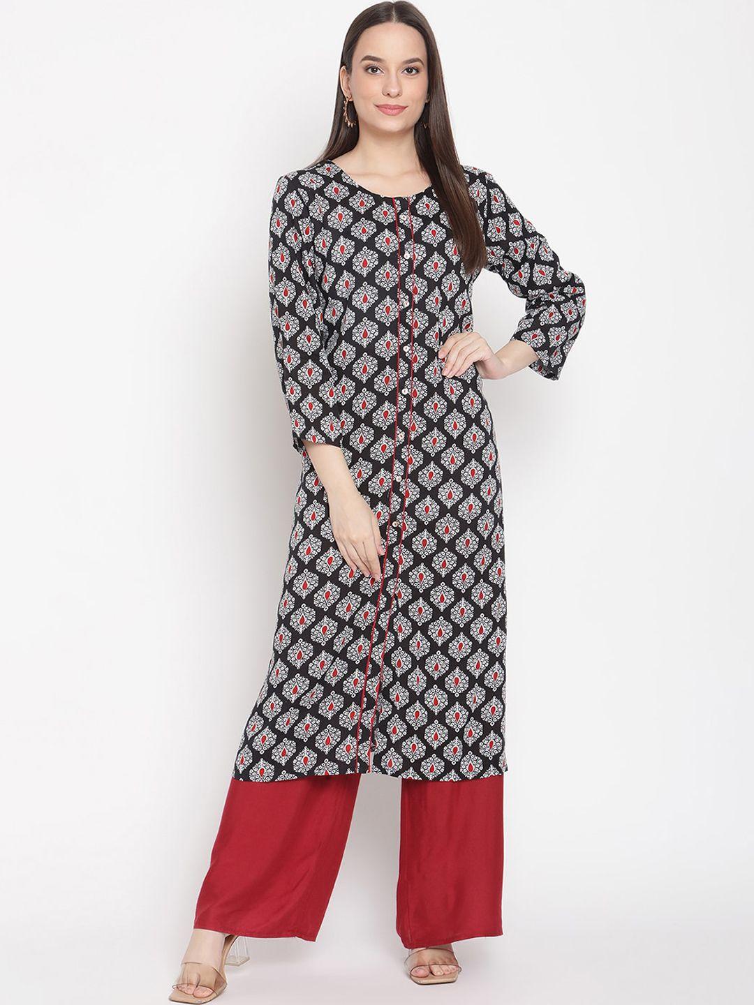 be indi women black & white ethnic motifs printed kurta