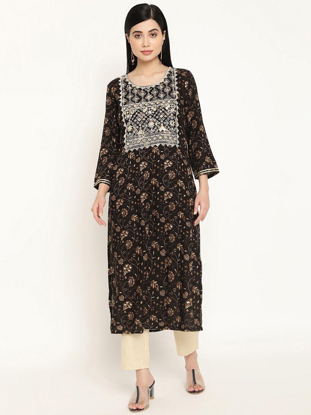 be indi women black printed gotta patti kurta