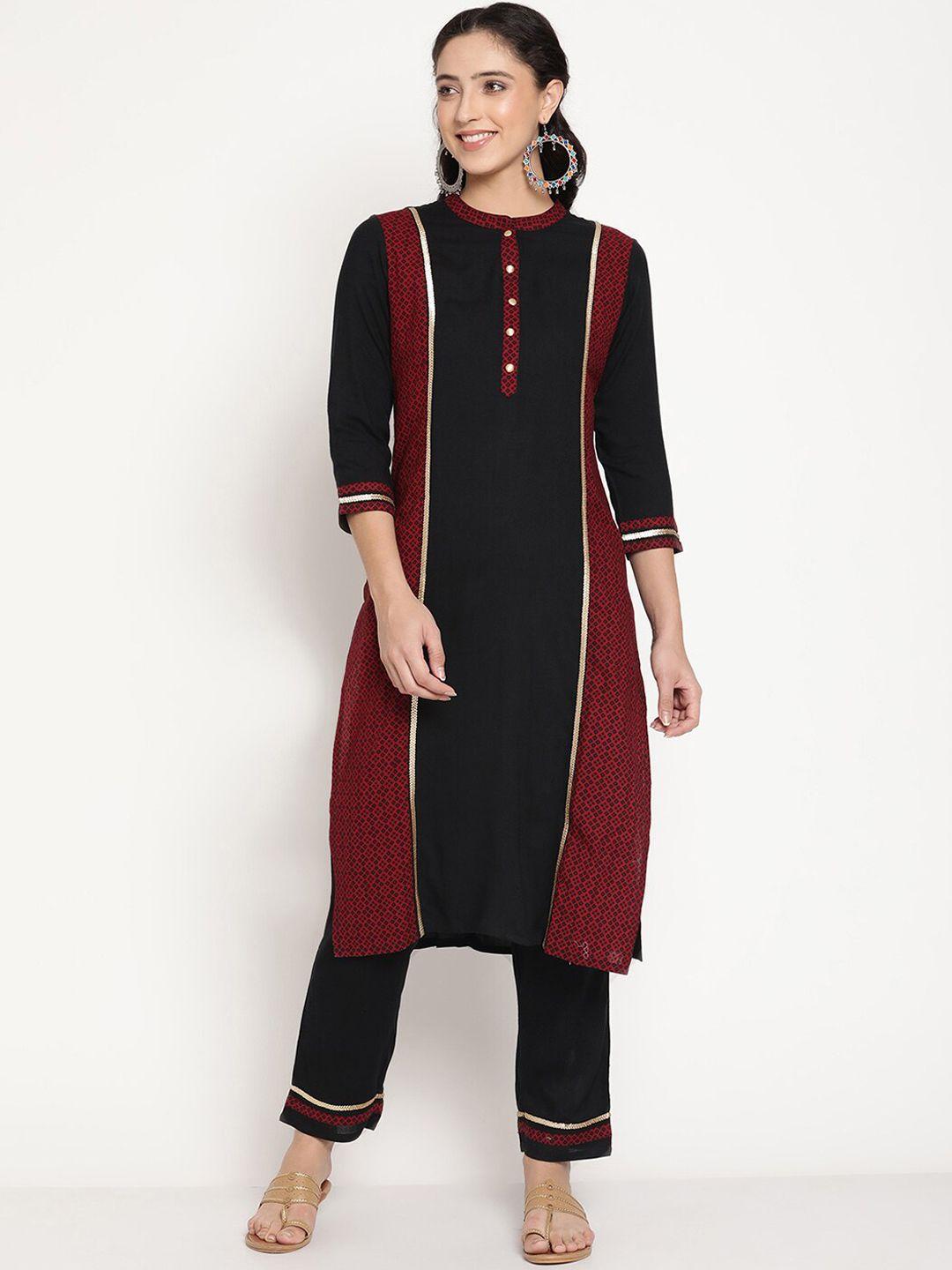 be indi women black printed panelled lace trim detailing kurta with trouser