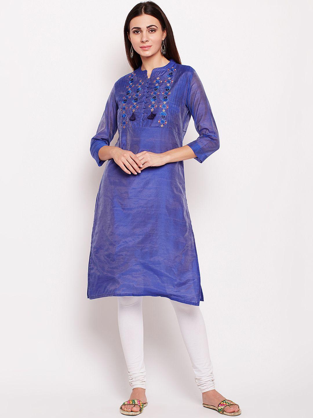 be indi women blue embroidered straight kurta