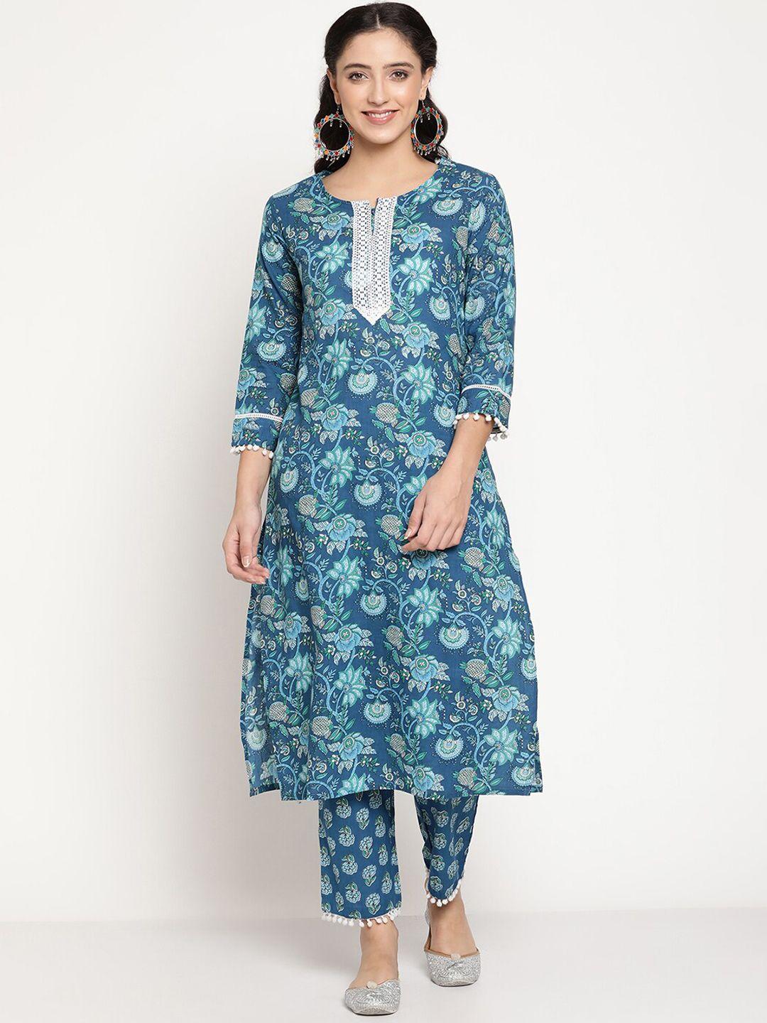 be indi women blue floral embroidered empire pure cotton kurti with trousers