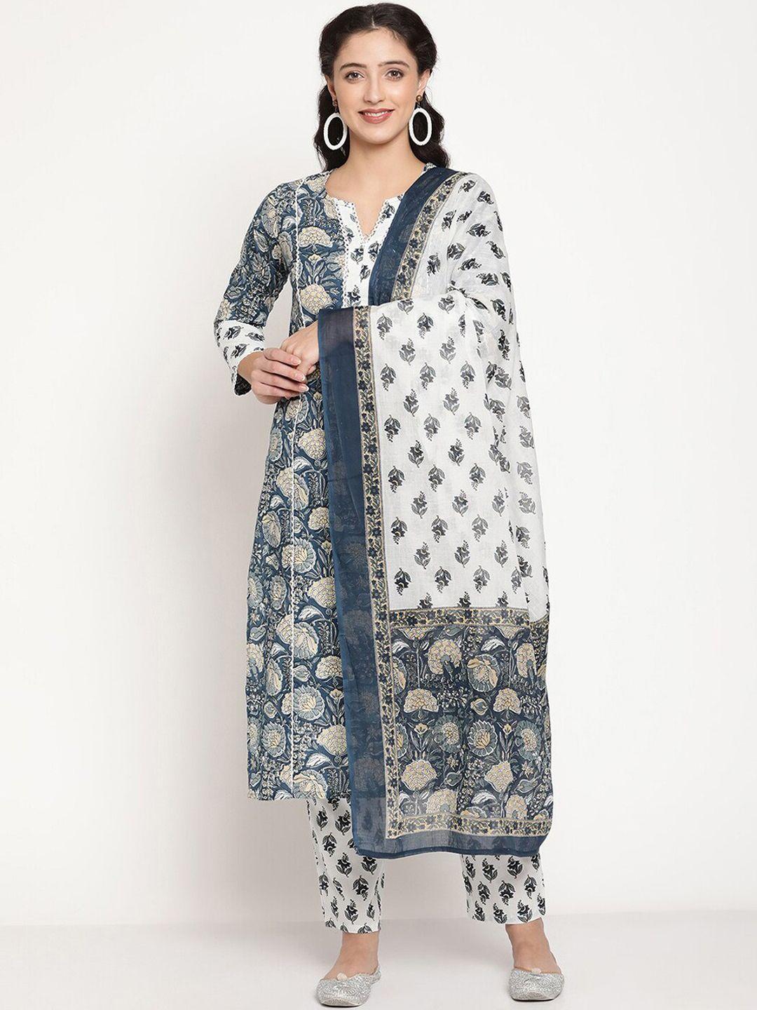 be indi women blue floral printed patchwork pure cotton kurta with trousers & with dupatta