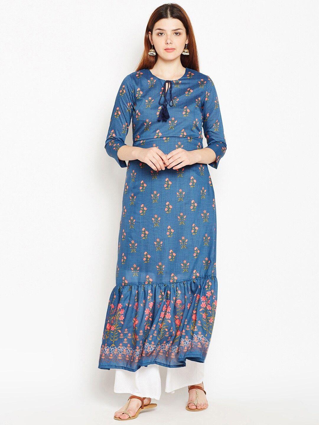 be indi women blue geometric printed keyhole neck anarkali kurta