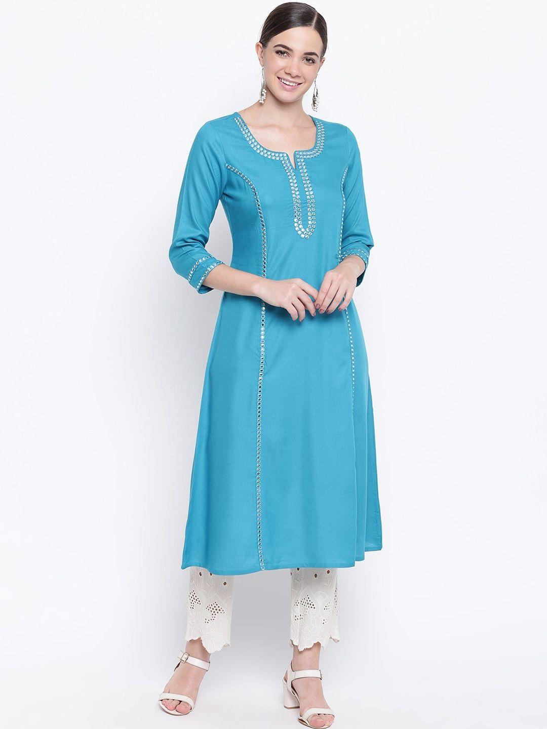 be indi women blue mirror work kurta