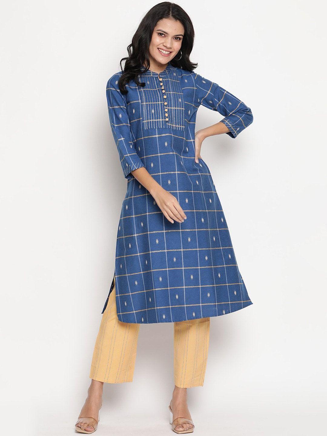 be indi women blue printed pure cotton kurta with trousers