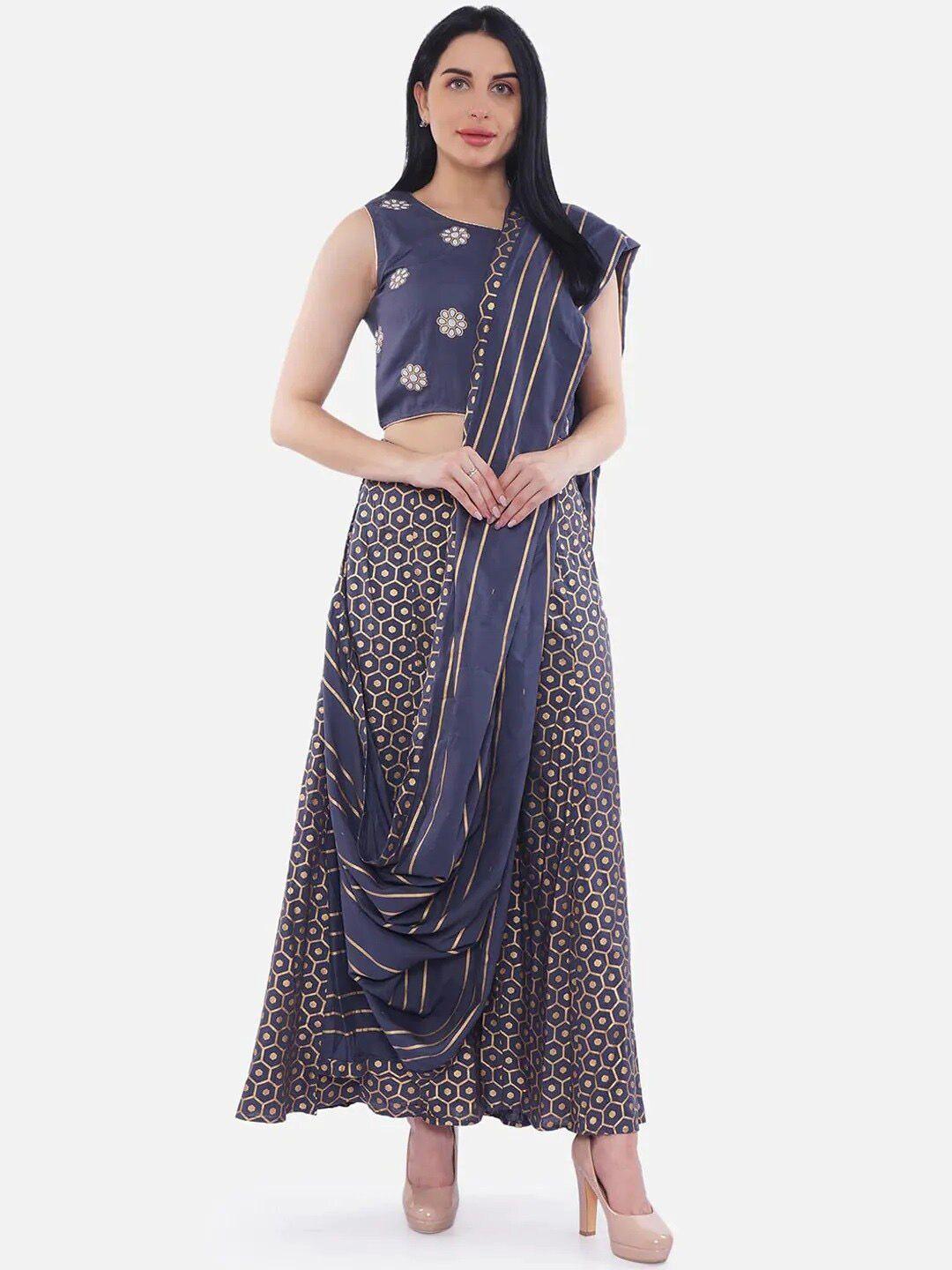 be indi women blue printed top with palazzos & dupatta