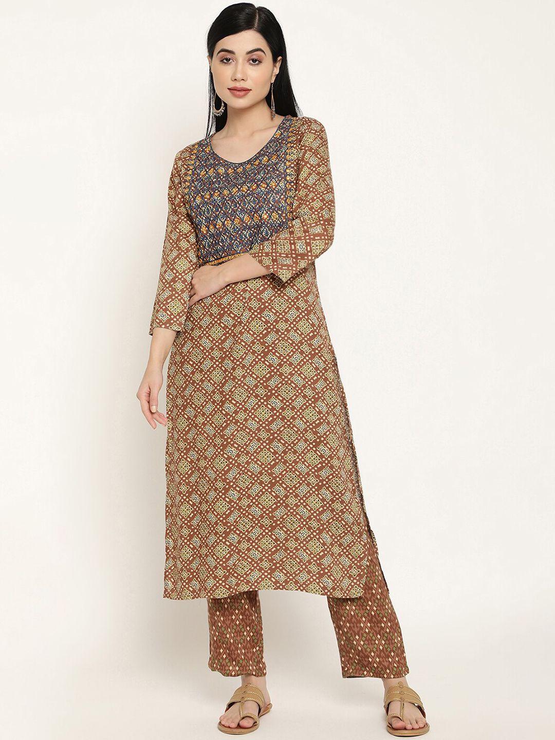 be indi women brown embroidered mirror work kurta with trousers