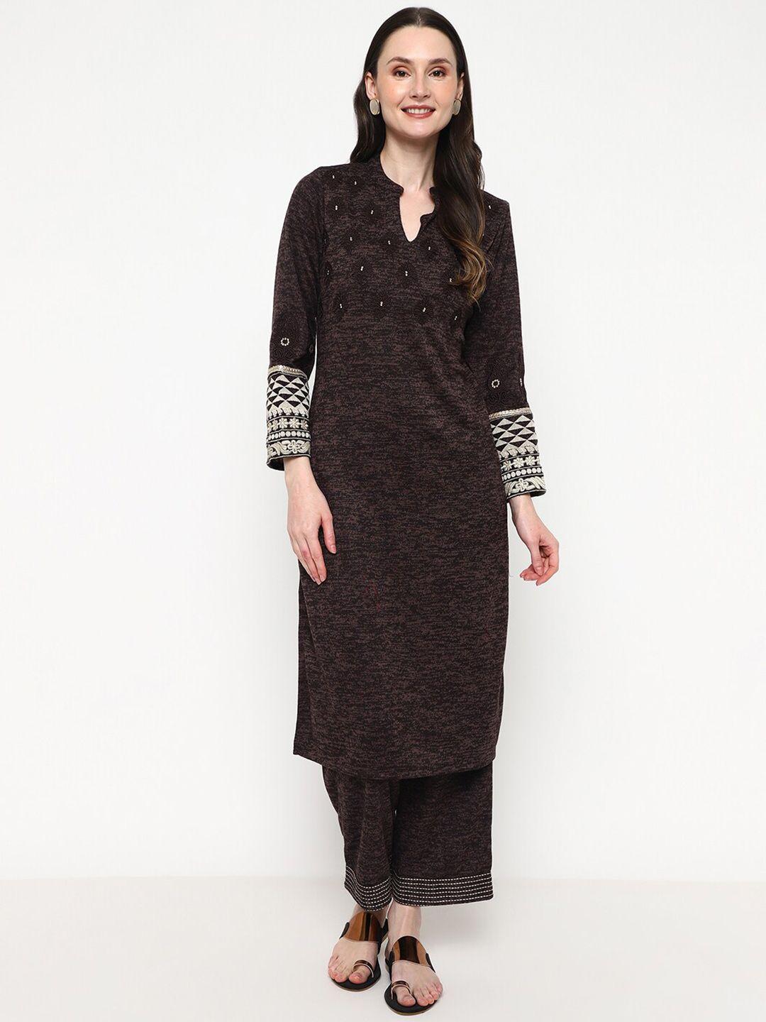 be indi women brown embroidered regular thread work kurta with palazzos