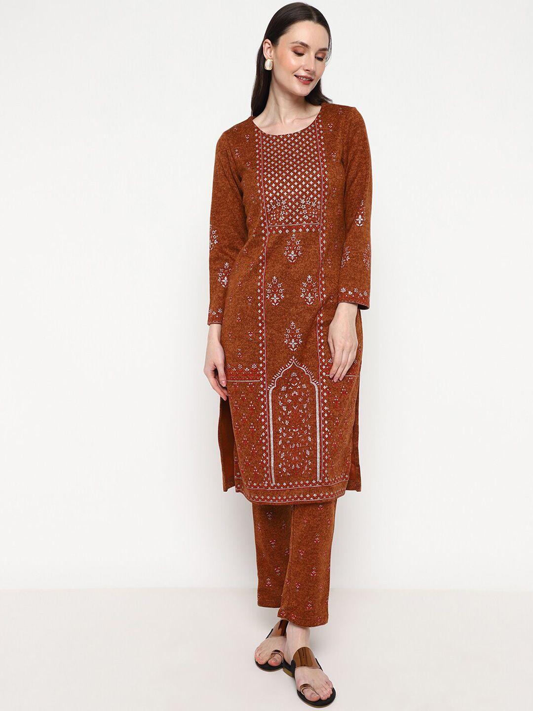 be indi women brown paisley printed regular kurta with trousers