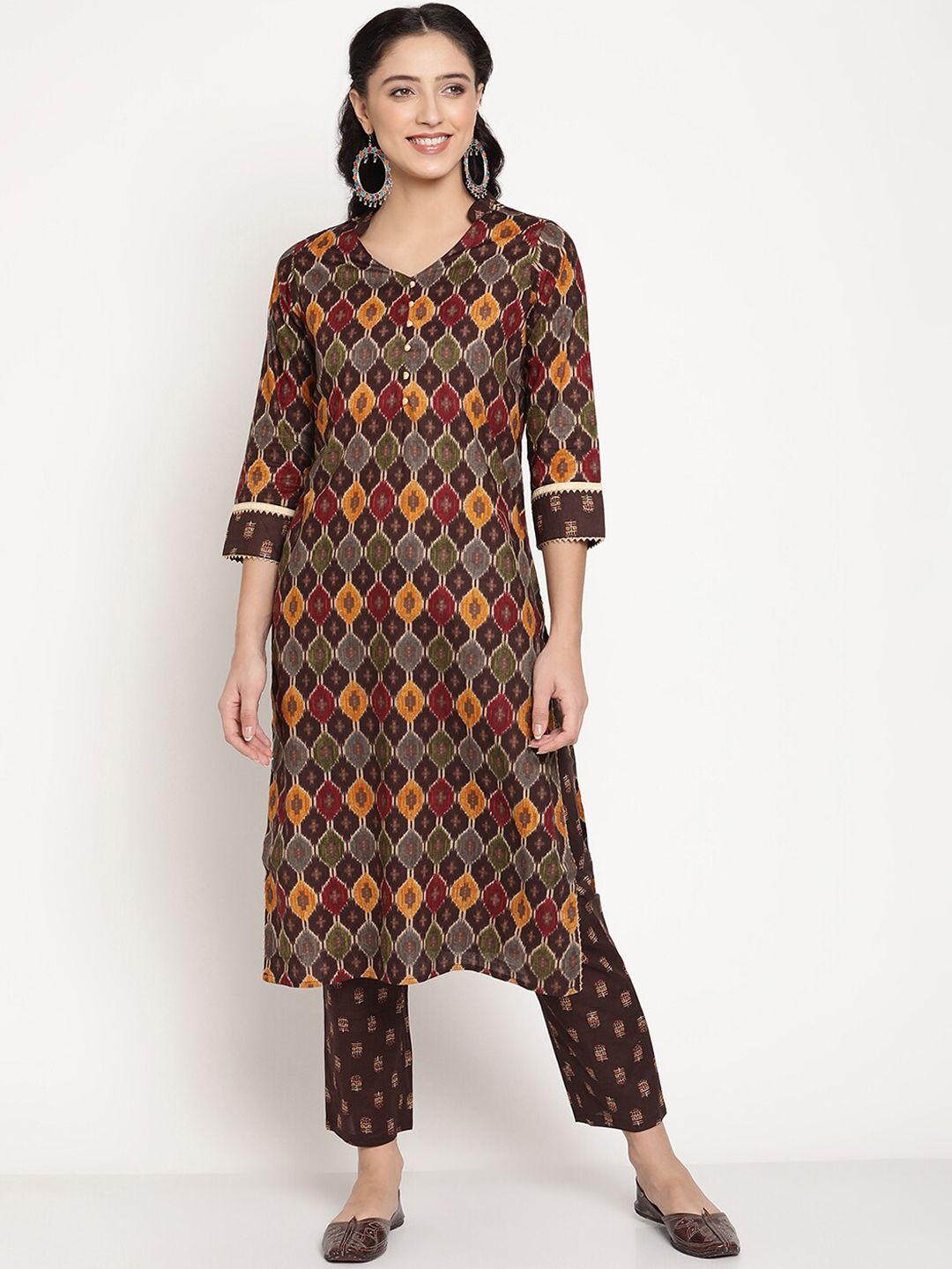 be indi women brown printed pure cotton kurta with trousers