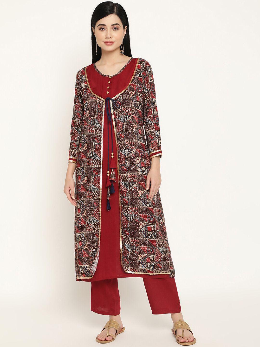 be indi women brown printed sequinned kurta with trousers