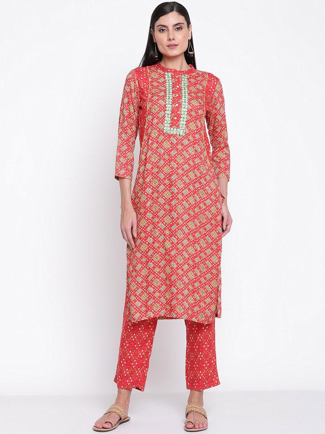 be indi women coral ethnic motifs embroidered kurta with trousers