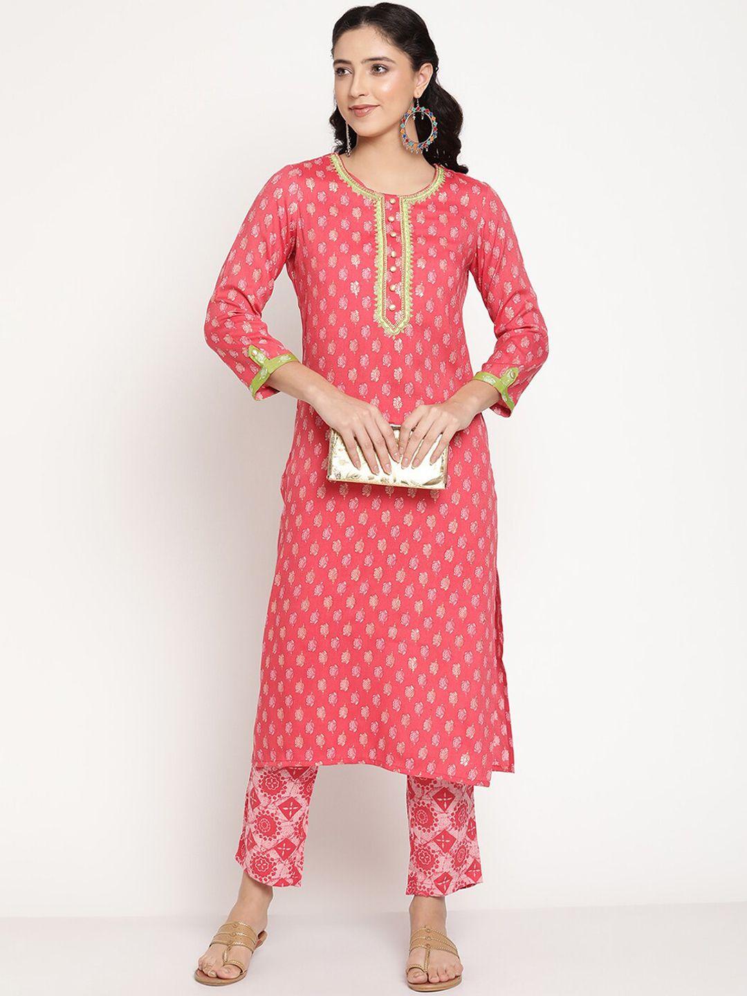 be indi women coral floral printed embroidered viscose rayon kurta with trousers