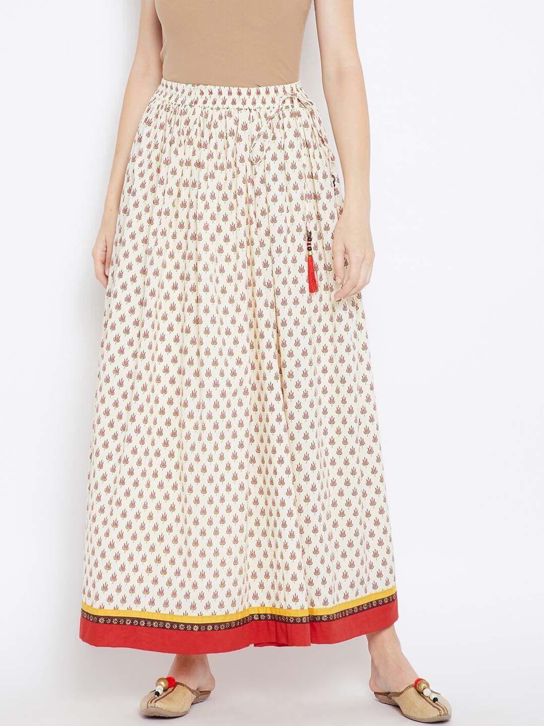 be indi women cream-coloured printed cotton maxi skirt