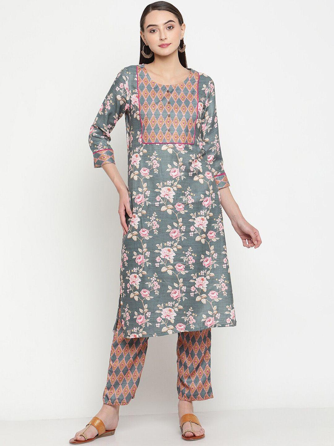 be indi women floral printed acrylic kurta with trousers