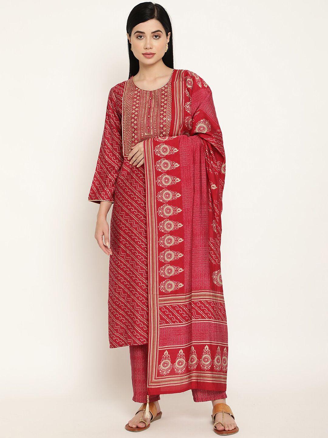be indi women fuchsia bandhani printed chanderi silk kurta with trousers & with dupatta