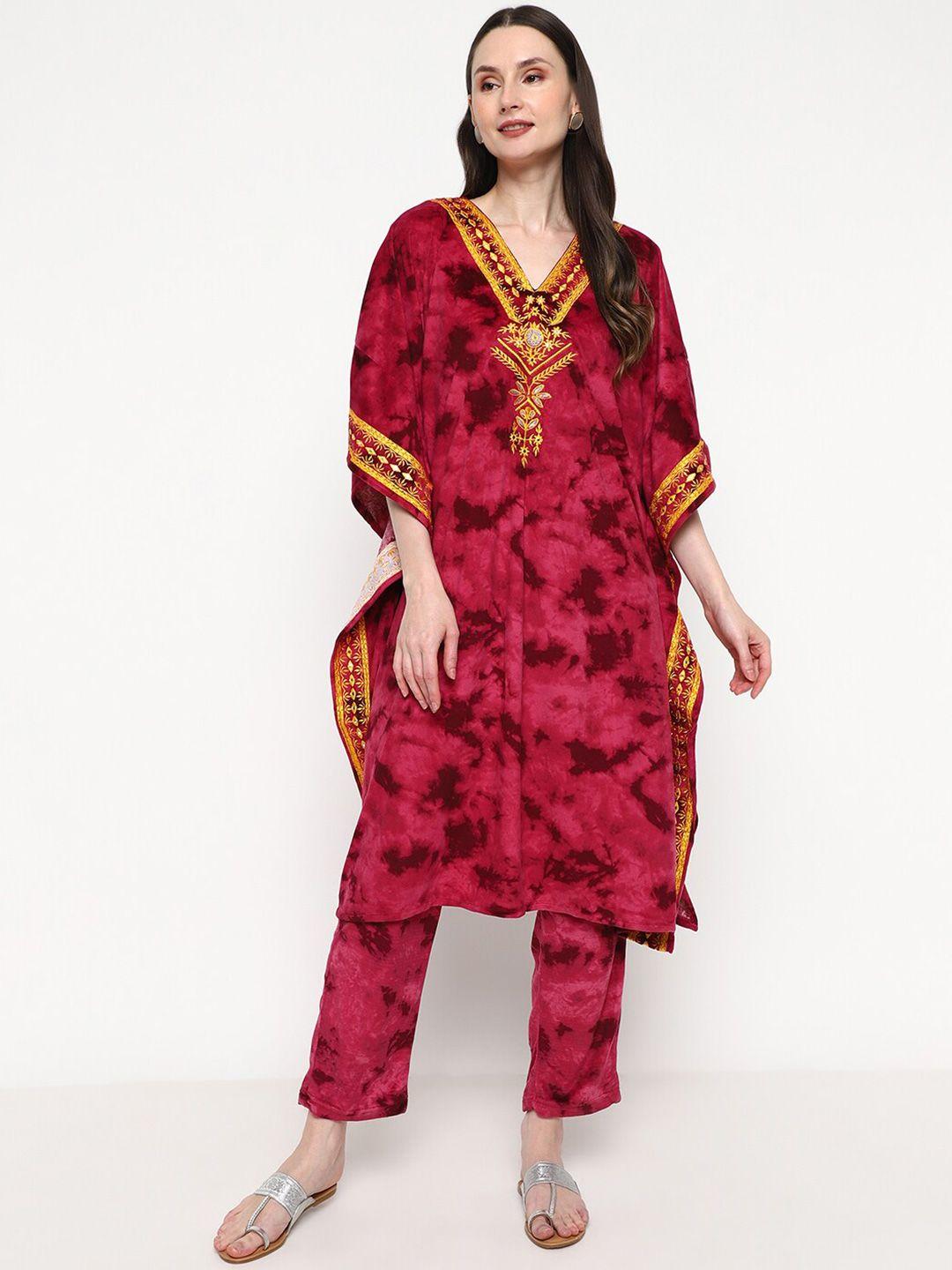 be indi women fuchsia embroidered regular thread work velvet kurta with trousers