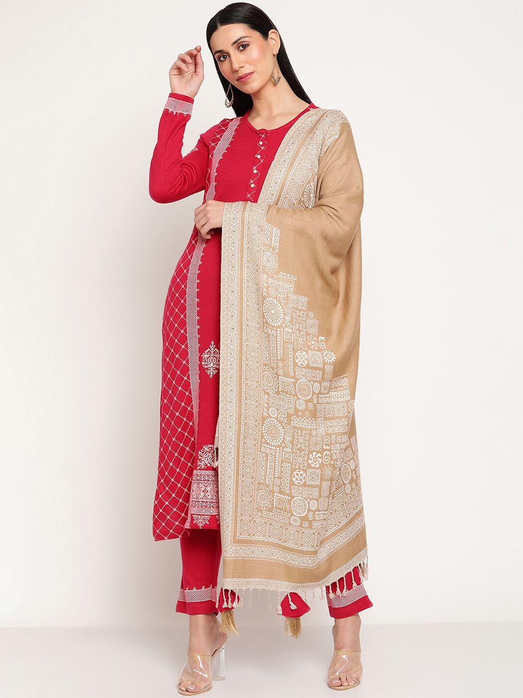 be indi women fuchsia ethnic motifs block printed kurta with trousers & dupatta