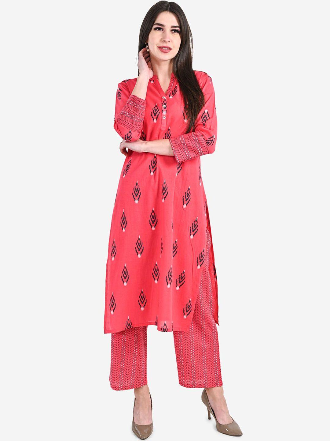 be indi women fuchsia pink printed regular pure cotton kurta with trousers