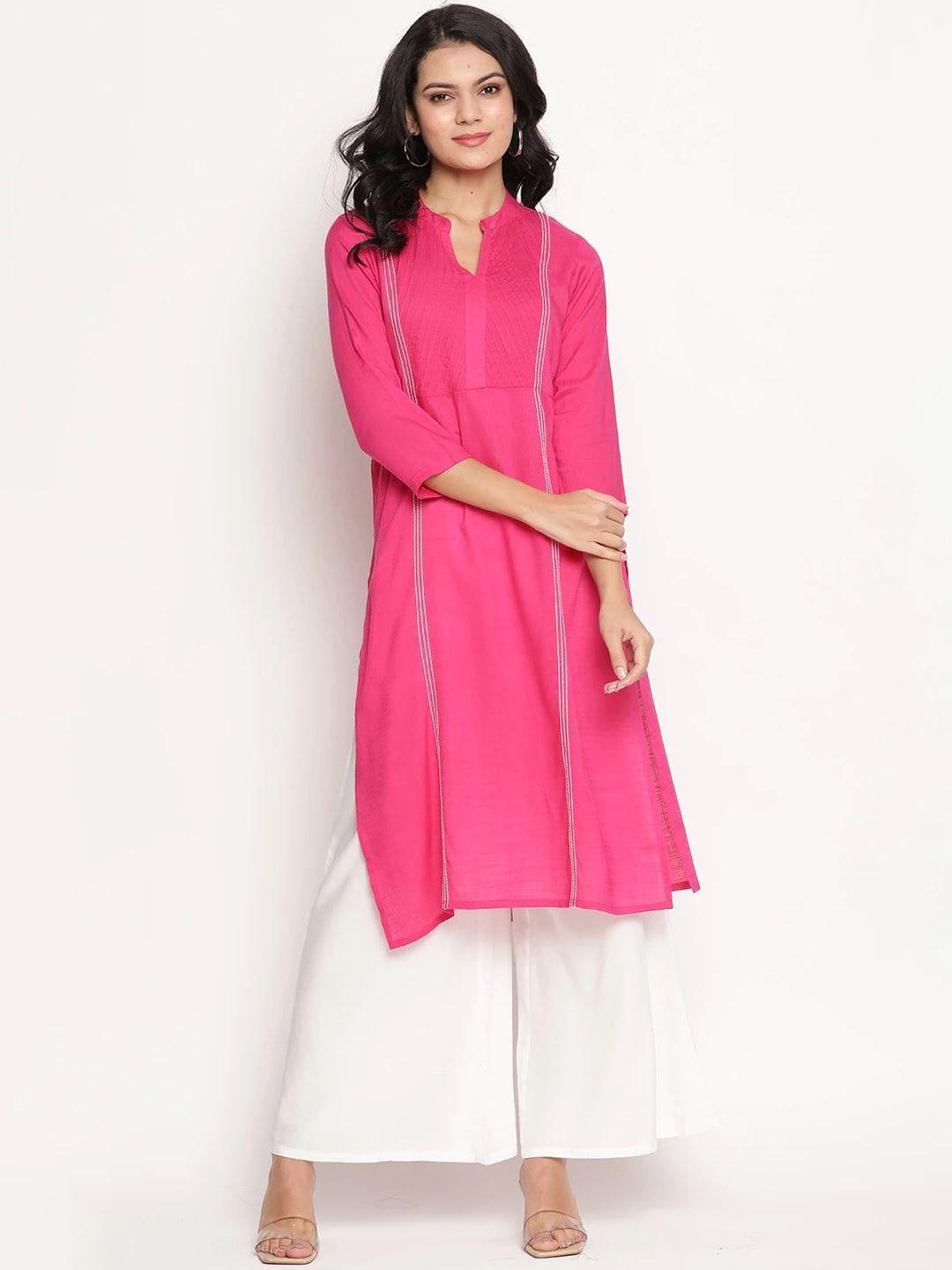 be indi women fuchsia pink yoke design mandarin collar panelled kurta