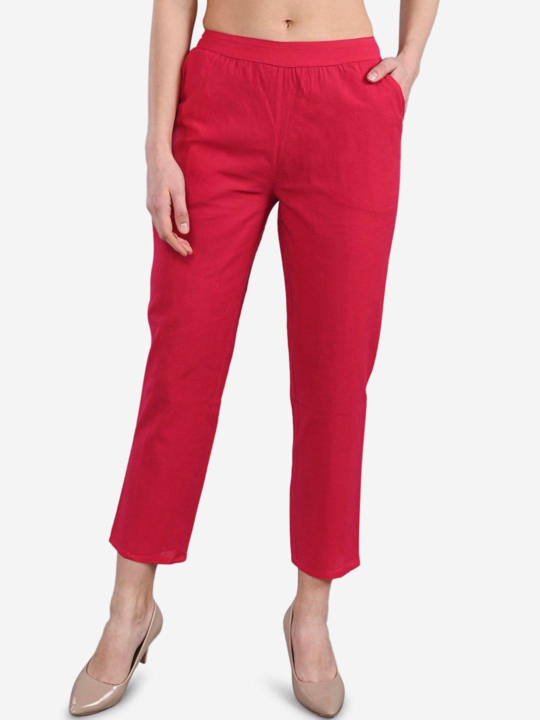 be indi women fuchsia straight fit solid cropped regular trousers